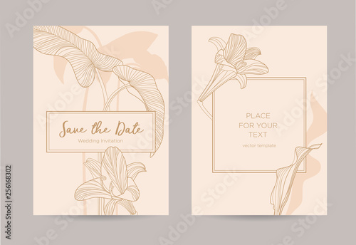 Wedding invitation with golden flowers on a pink background. Vector template can be used as a greeting for a celebration, anniversary, birthday and as a certificate for a restaurant, spa