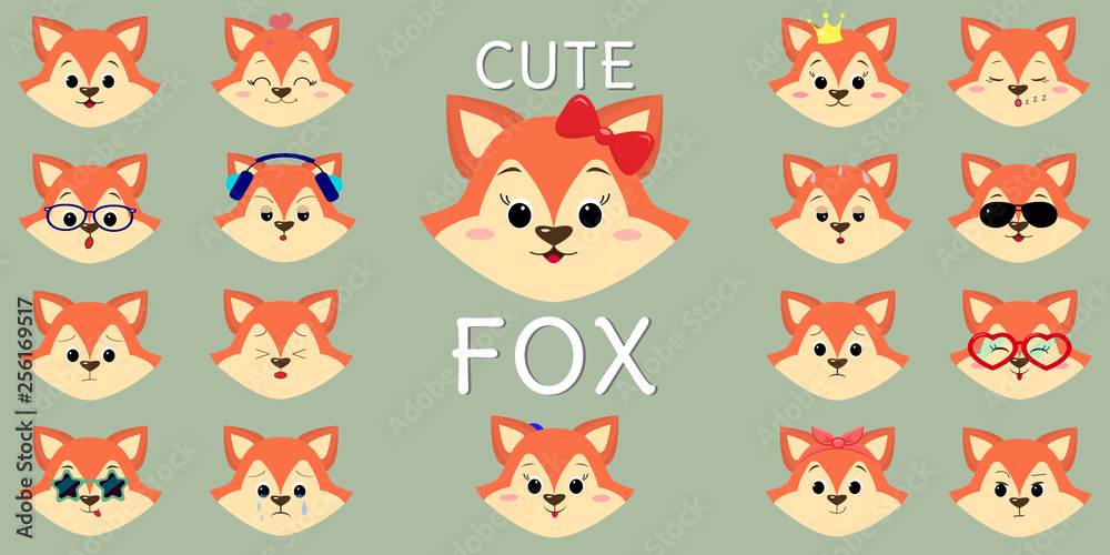 Cute red fox, mega set of different emotions. Cartoon style, flat design, vector illustration Cute red fox, mega set of different emotions. Cartoon style, flat design, vector illustration