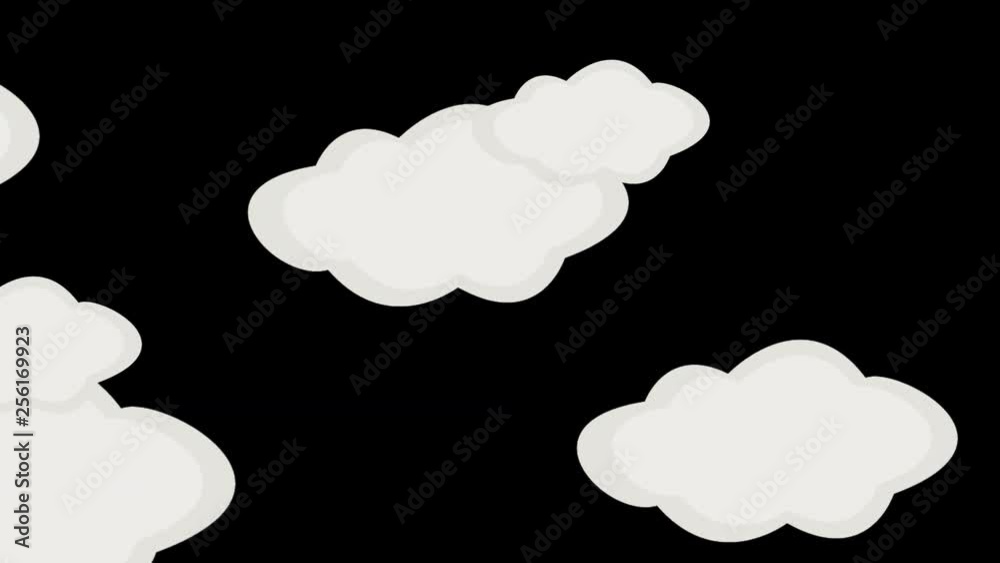 Animation cartoon flat style of grey clouds of different sizes moving from right to left in different speeds. Alpha channel included