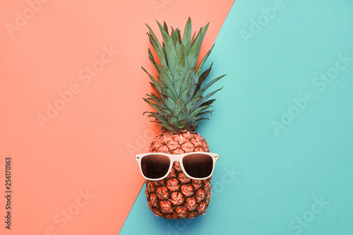 Fashion Hipster coral Pineapple in sunglasses. Stylish Trendy Accessories. Bright Color. Tropical Minimal concept. Creative Art fashionable concept. Just feel this summertime