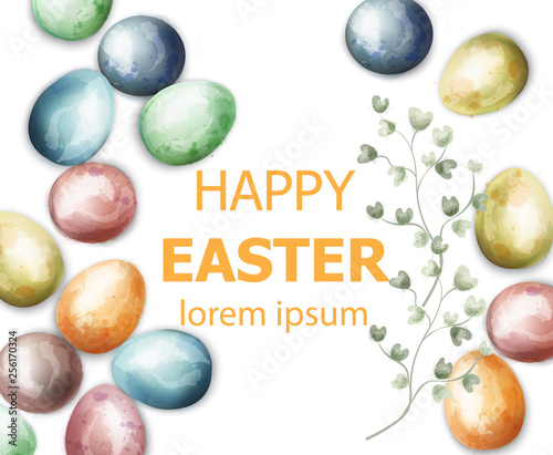 Easter card with colorful painted eggs Vector watercolor. Happy holiday greet...