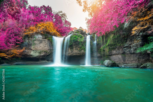 Niesamowity w naturze, piękny wodospad w kolorowym lesie jesienią w sezonie jesiennym
