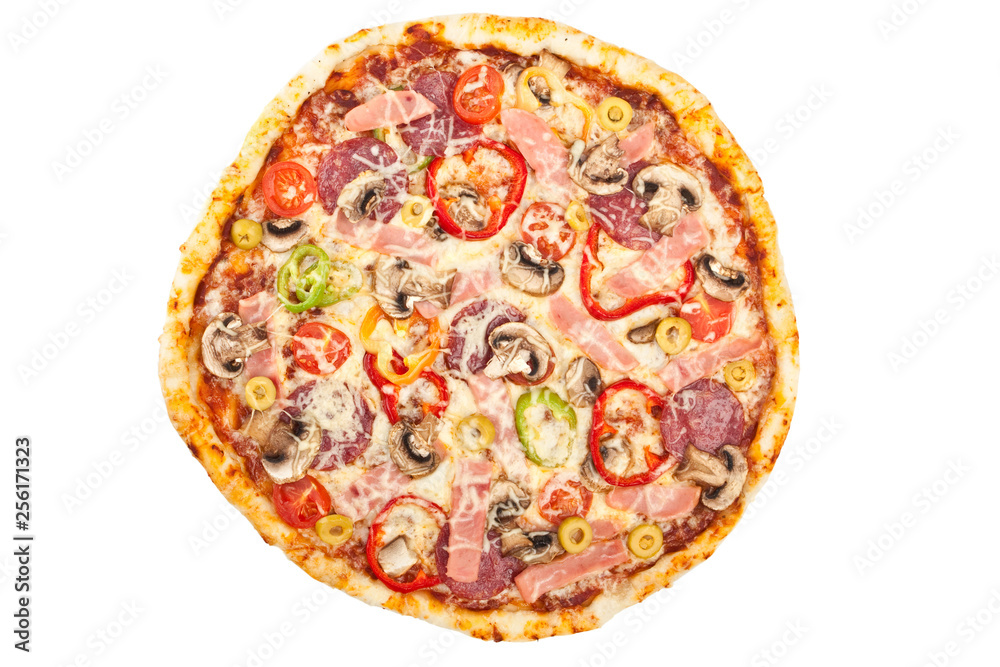 tasty meat and vegetables pizza isolated on white tasty meat and vegetables pizza isolated on white