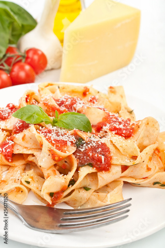 Pappardelle pasta with tomato marinara sauce, parmesan cheese and basil 