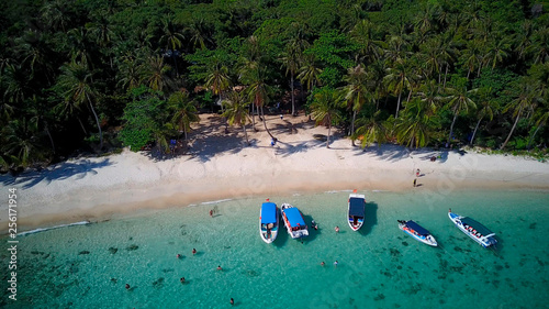 Panoramic view of a tropical beach near the jungle and clear blue sea in which people swim near tourist boats