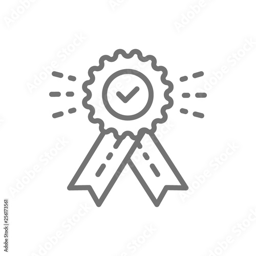 Award with check mark, best choice, quality control, winner, victory line icon.