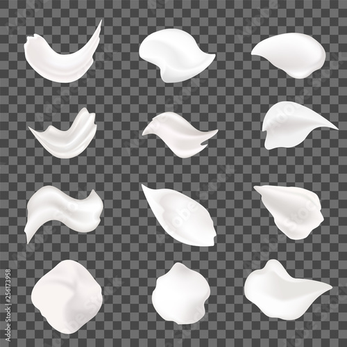 Creamy texture smears. Milk products, sour cream, cosmetics drops. Skincare products. Isolated on transparent background
