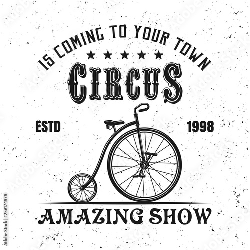 Circus vintage vector emblem with juggler bicycle