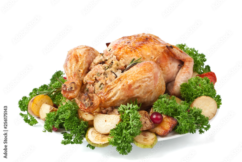whole roasted stuffed chicken with parsley, vegetables and cranberries whole roasted stuffed chicken with parsley, vegetables and cranberries