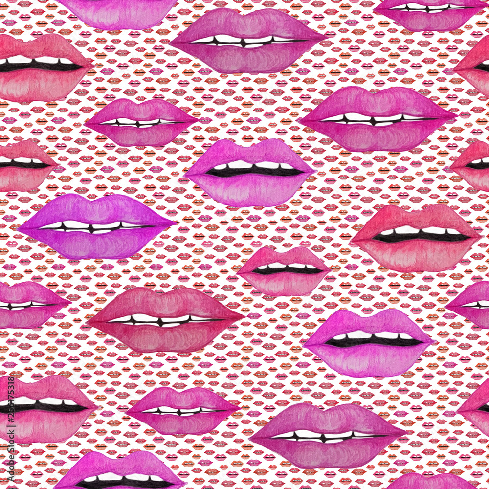 Seamless pattern with a red and pink lips. Hand painted. Seamless pattern with a red and pink lips. Hand painted.