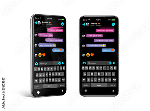 Chat sms internet communicator template on OLED smartphone screen in dark mode. Modern design frame less smartphone - Best vector quality, ultra realistic