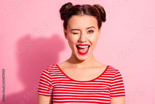 Принти на полотні Close up photo beautiful she her lady pretty hairdo two buns bright pomade allur