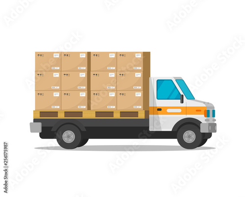 Delivery truck isolated with parcel cargo boxes vector illustration, flat cartoon freight van or courier lorry automobile with heavy load packages clipart