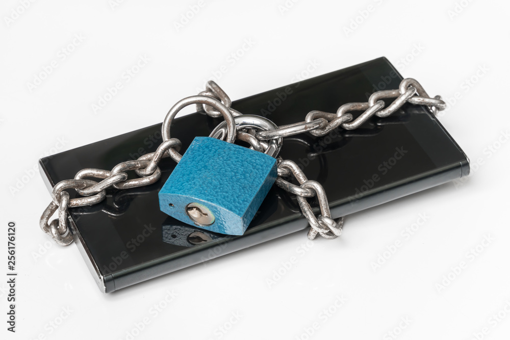 Chained smartphone with lock - mobile phone security Chained smartphone with lock - mobile phone security