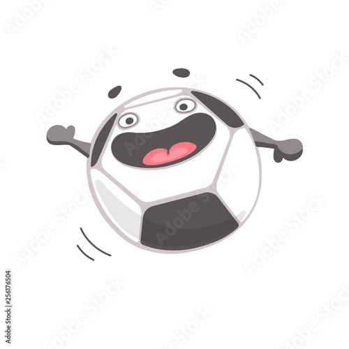 Soccer ball happy cartoon character awarded with a medal for first place. Football champion. Vector illustration isolated on white background.