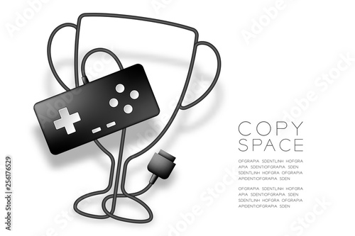 Trophy Cup shape made from cable Retro Gamepad or joypad black color, Game winner concept design illustration isolated on white background, with copy space, vector eps 10