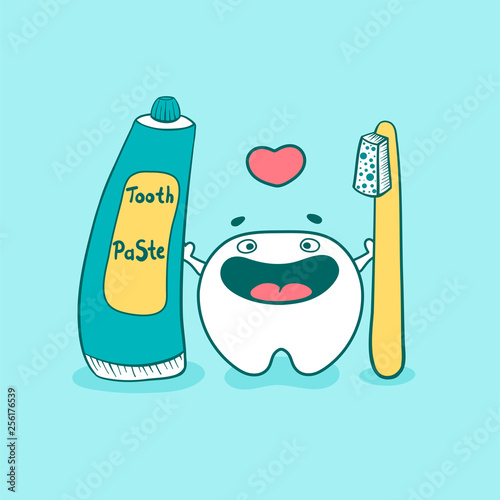 Tooth cute happy character with toothpaste and leaves of mint. Vector illustration in cartoon style.