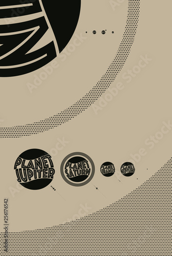 graphic design illustration of the solar system black brown