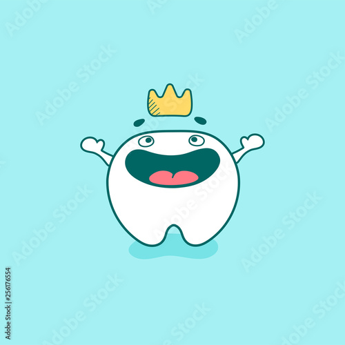 Tooth cute happy character with toothpaste and leaves of mint. Vector illustration in cartoon style.