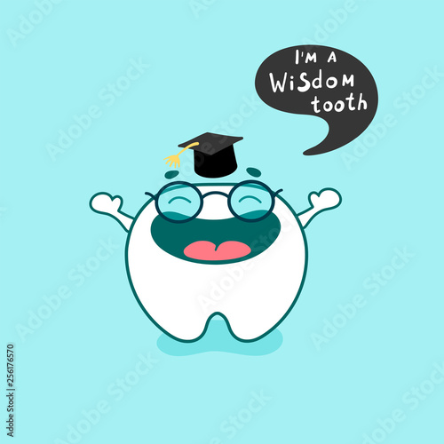 Tooth cute happy character with toothpaste and leaves of mint. Vector illustration in cartoon style.