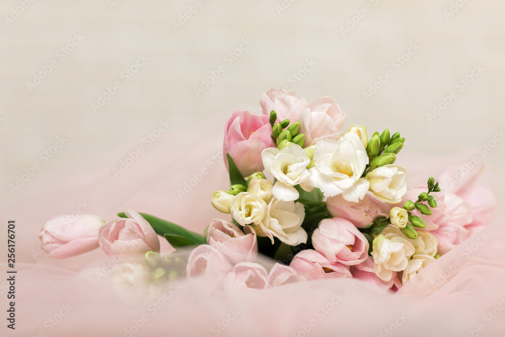 wedding beautiful bouquet of pink tulips. copy space