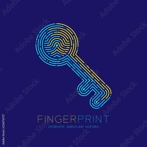 Key shape pattern Fingerprint scan logo icon dash line, Security privacy concept, Editable stroke illustration blue and yellow isolated on blue background with Fingerprint text and space, vector
