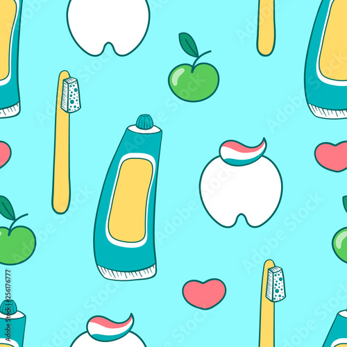 Toothpaste, tooth, toothbrush, green apple. Cartoon seamless pattern. Vector illustration.