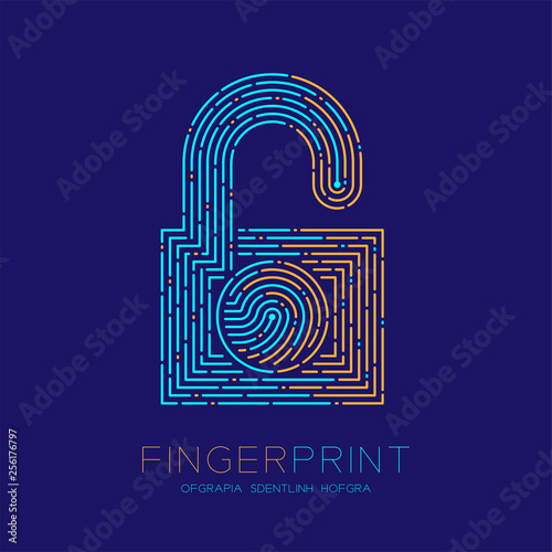 Lock shape pattern Fingerprint scan logo icon dash line, Security privacy concept, Editable stroke illustration blue and orange isolated on blue background with Fingerprint text and space, vector eps