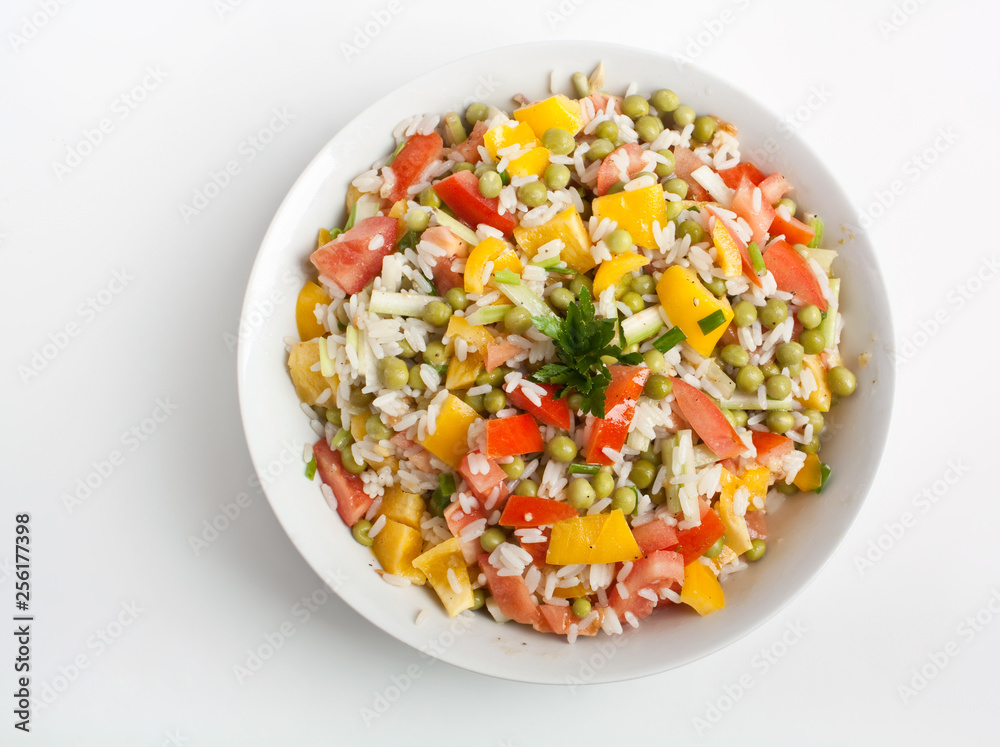 bowl of traditional new year's Jumping Joe salad - rice, peppers, green peas bowl of traditional new year's Jumping Joe salad - rice, peppers, green peas