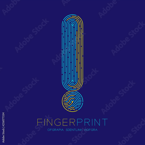 Exclamation mark sign pattern Fingerprint scan logo icon dash line, Warning concept, Editable stroke illustration blue and yellow isolated on blue background with Fingerprint text and space, vector