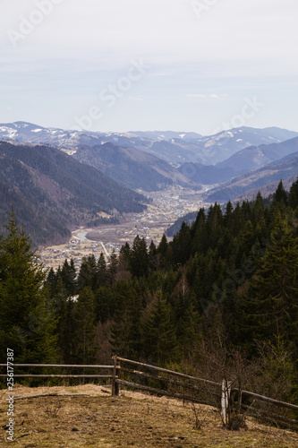 Landscape in the Hutsul mountain village in the morning .