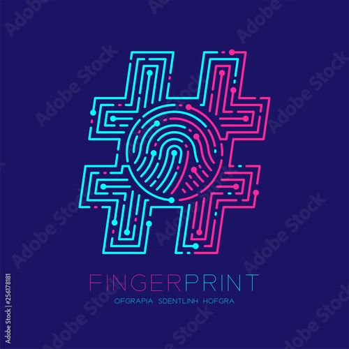 Hashtag sign Fingerprint scan pattern logo dash line, digital social network concept, Editable stroke illustration pink and blue isolated on dark blue background with Fingerprint text, vector