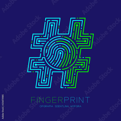 Hashtag sign Fingerprint scan pattern logo dash line  digital social network concept  Editable stroke illustration green and blue isolated on dark blue background with Fingerprint text  vector