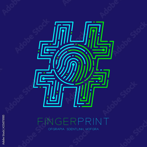 Hashtag sign Fingerprint scan pattern logo dash line, digital social network concept, Editable stroke illustration green and blue isolated on dark blue background with Fingerprint text, vector photo