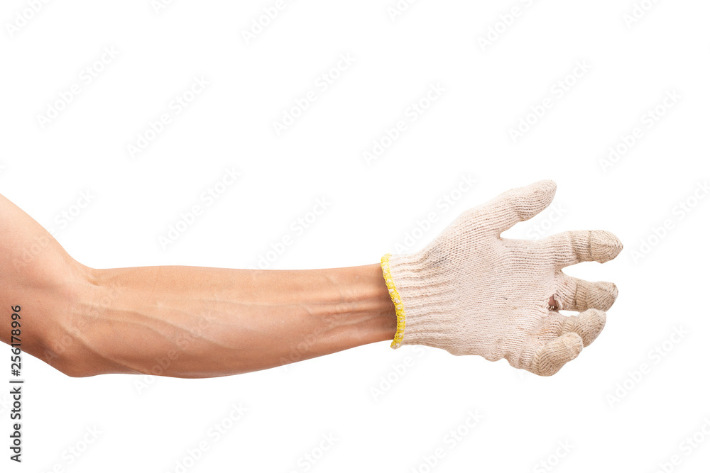 Man hand with cotton glove isolated on white background. clipping path Man hand with cotton glove isolated on white background. clipping path
