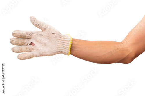 Man hand with cotton glove isolated on white background. clipping path