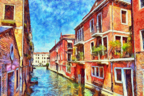 Colorful facades of old medieval houses over a canal in Venice, oil painting © vlukas