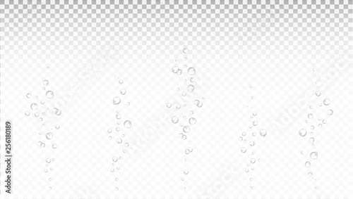 Vector air bubbles on light transparent background. 3d vector realistic set. Underwater air, aquarium, effervescent drink, champagne, oxygen, gas bubbles, foam or water.