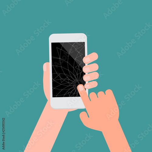 Broken smartphone with black screen and isotad green background.Crashed cell phone flat cartoon style .Hands touching phone crack concept