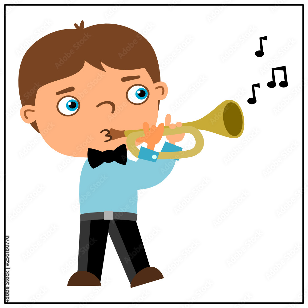 Funny boy in cartoon style playing trumpet isolated on white background. Funny boy in cartoon style playing trumpet isolated on white background.