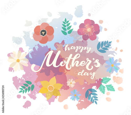Happy Mother s Day typography lettering poster on watercolor and flat floral frame background. Text and decor. Mothers Day greeting card  postcard  banner template. Vector illustration.