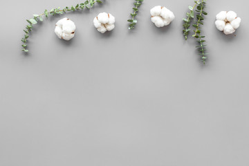 Flowers border with green eucalyptus branches and cotton on grey background top view copy space. Blog header mockup
