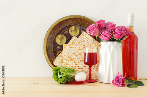 Pesah celebration concept  jewish Passover holiday  over wooden table