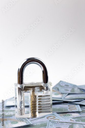 The clean padlock on money banknote close up.