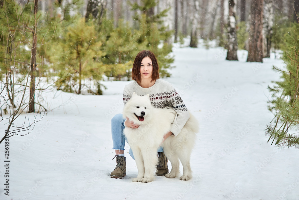 Girl in the winter forest walking with a dog. Snow is falling Girl in the winter forest walking with a dog. Snow is falling