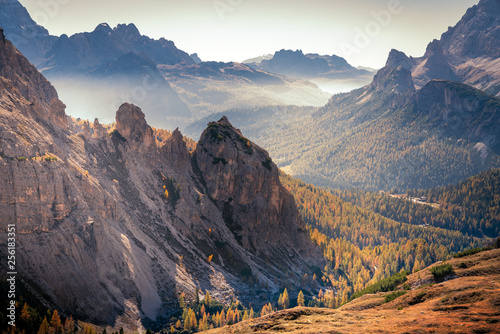 Great view of mountains range in National Park Tre Cime di Lavaredo. Dolomites, South Tyrol. Location Auronzo, Italy, Europe. Dramatic scene. Beautiful world.