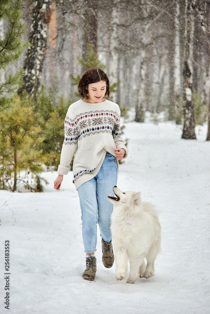 Girl in the winter forest walking with a dog. Snow is falling Girl in the winter forest walking with a dog. Snow is falling