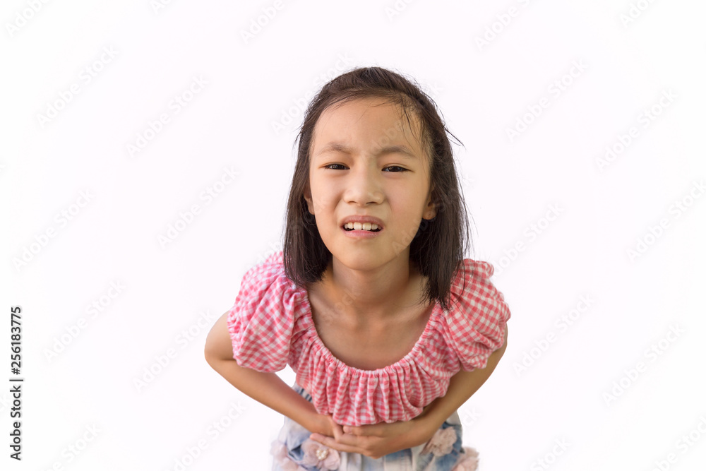 Asian little girl is painful stomach ache isolated on white background, child having food poisoning,Sickness and healthcare concept Asian little girl is painful stomach ache isolated on white background, child having food poisoning,Sickness and healthcare concept