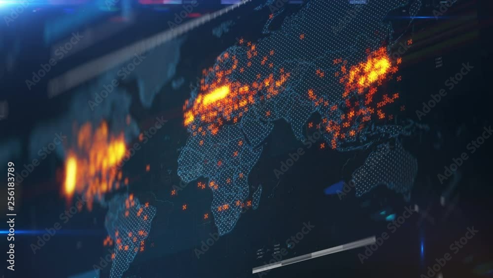 Map showing global spreading of virus, information, chemical leakage, bombings. Generic global attack, international events