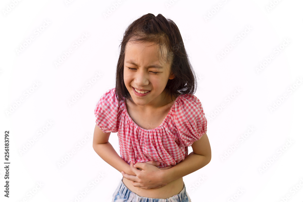 Asian little girl is painful stomach ache isolated on white background, child having food poisoning,Sickness and healthcare concept Asian little girl is painful stomach ache isolated on white background, child having food poisoning,Sickness and healthcare concept